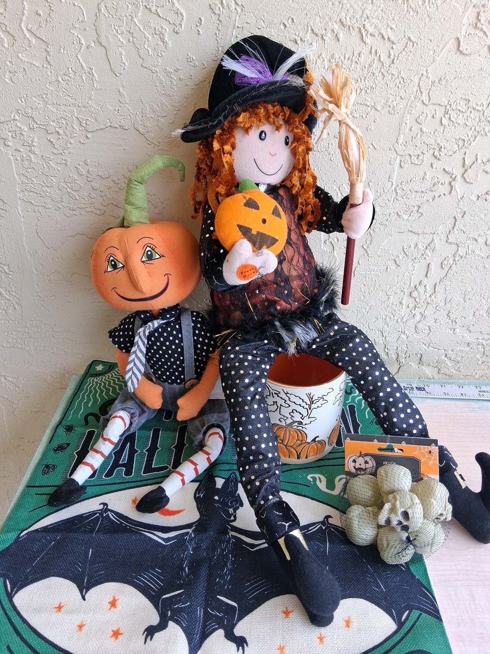Halloween Witch and Pumpkin Head Trio With Planter And Skulls